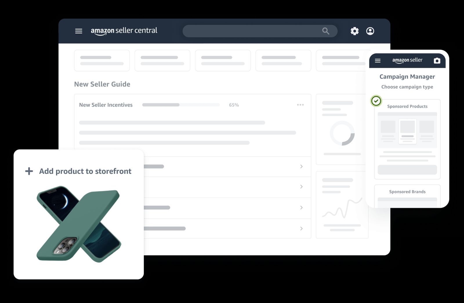 Amazon Seller Central tools for sellers, including analytics, advertising, and brand management features