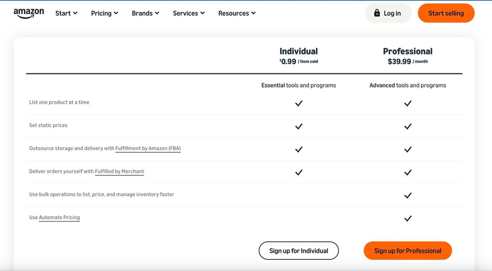 Amazon seller plans as of August 2026: Individual at $0.99 per item sold and Professional at $39.99 per month, plus additional selling fees