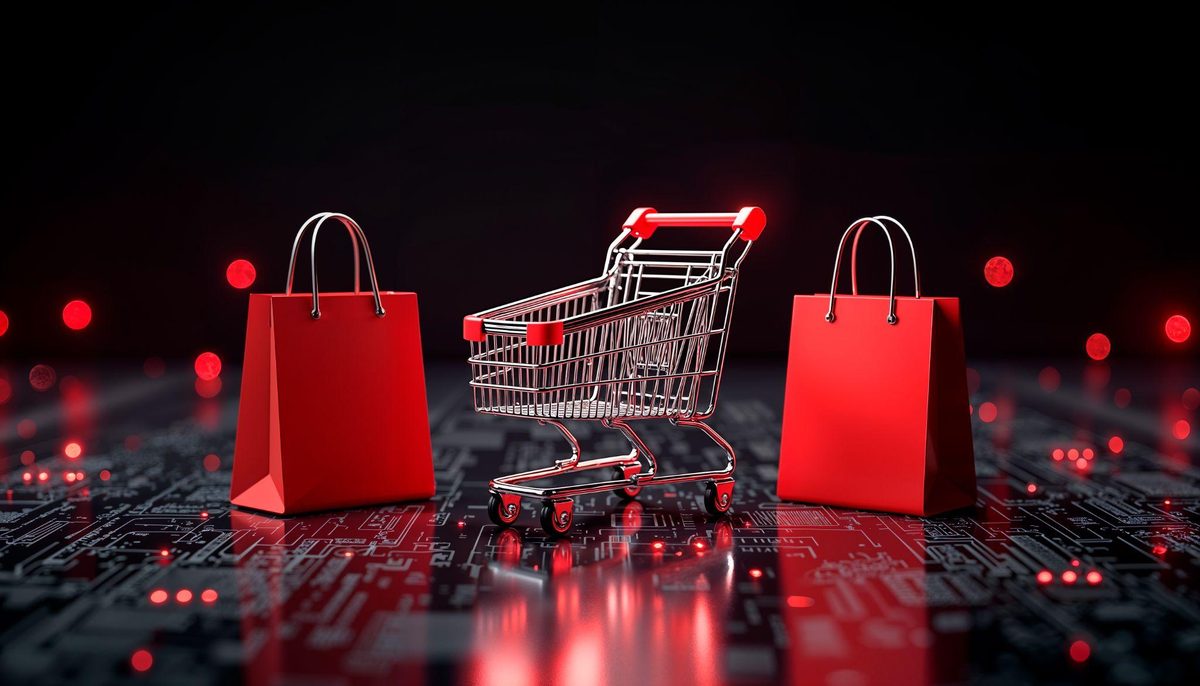 Shopping bags and a cart on a circuit-board background, representing an online store powered by Shopify