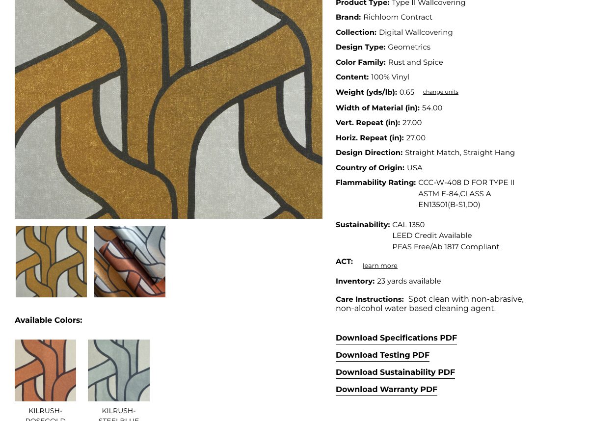 Richloom Contract product page with specification fields, available colors, inventory and downloadable specification PDF