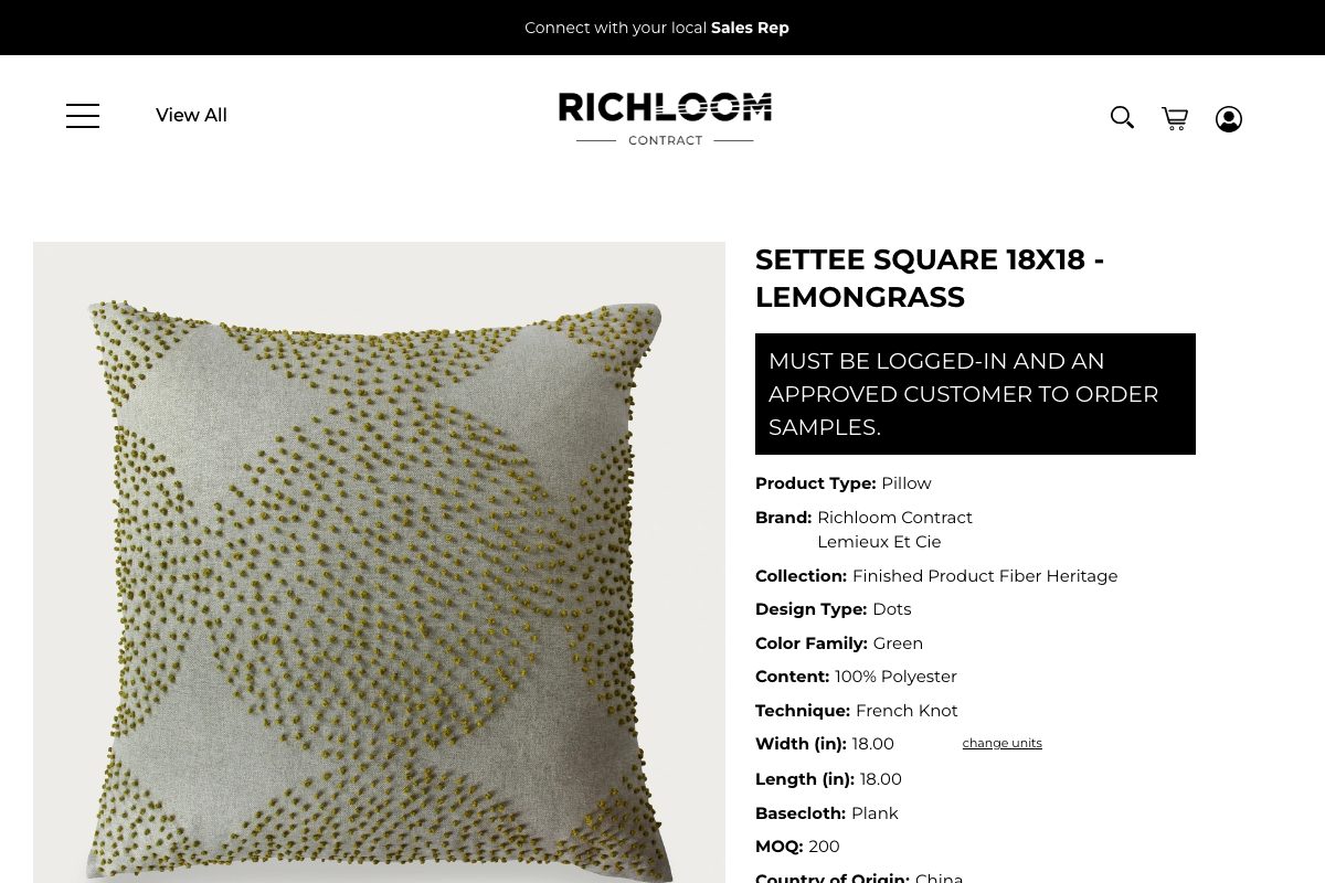 Richloom Contract finished goods product page for a pillow with its own fields such as basecloth and MOQ